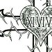 Cross with thorns weaving in an out around the outside with a shattered heart in the center with a d..